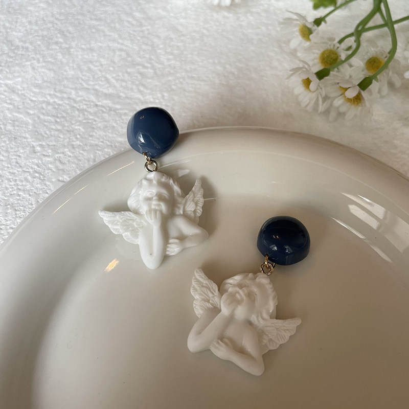 手作趣味复古个性小天使耳环重工小众设计感耳饰丘比特的耳钉耳夹