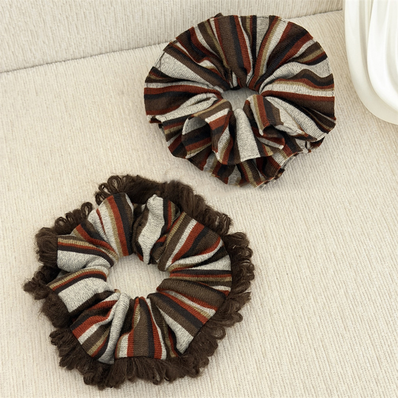 韩系条纹大号棕色流苏花边大肠发圈女扎头发丸子头发绳头绳发饰品