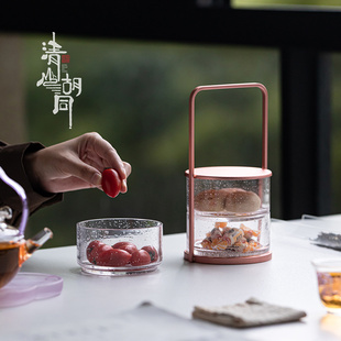 中式玻璃茶点盒可叠放野餐篮零食干果收纳盒分格点心盘多层提蓝