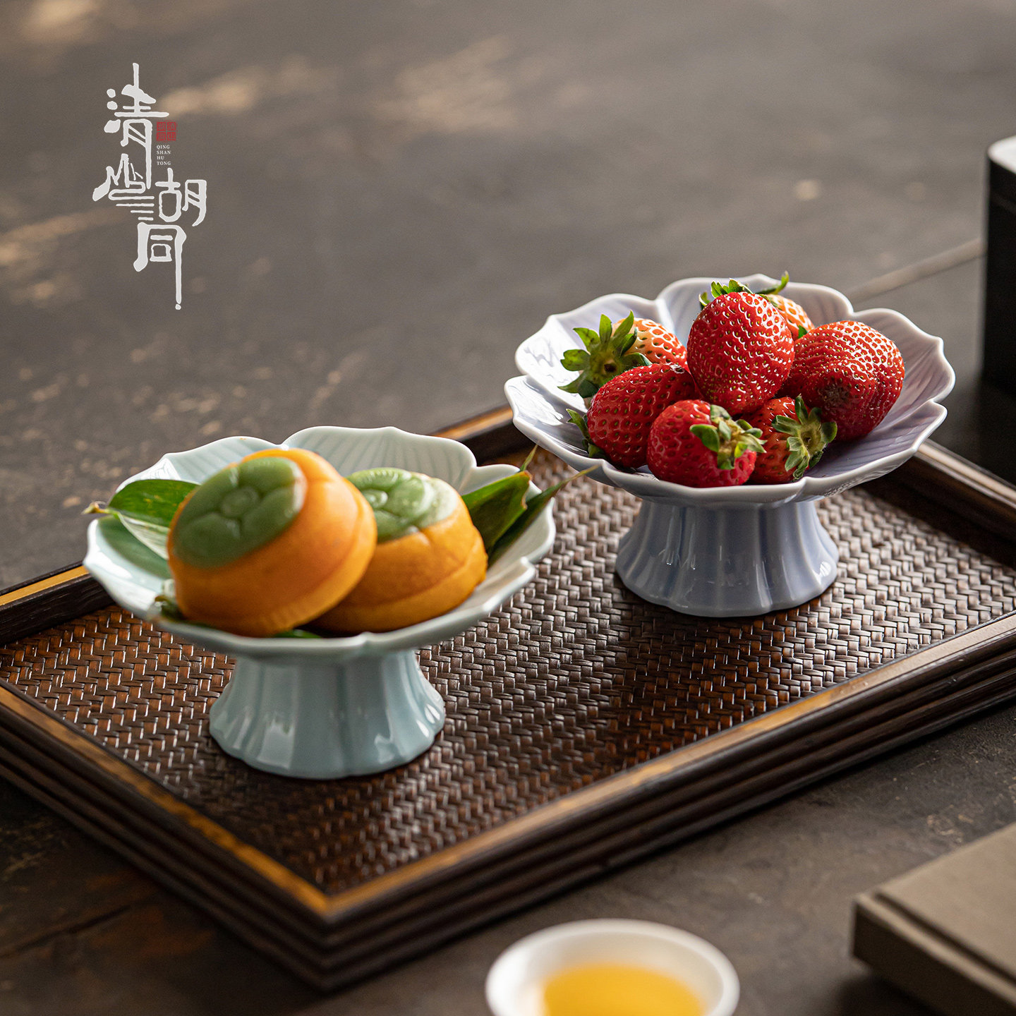 禅意莲花精致陶瓷盘高脚茶点盘中式糕点下午茶点心盘佛手柑托盘