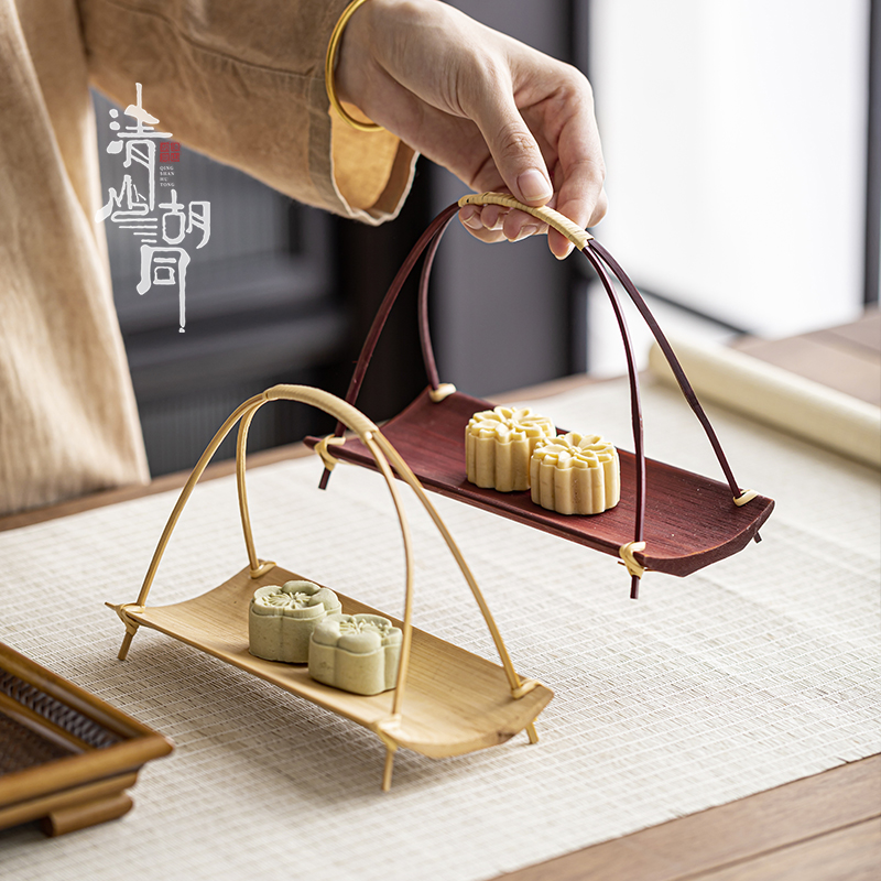 中式禅意糕点摆台手工竹制点心盘家用客厅零食糖果小提蓝茶点托盘