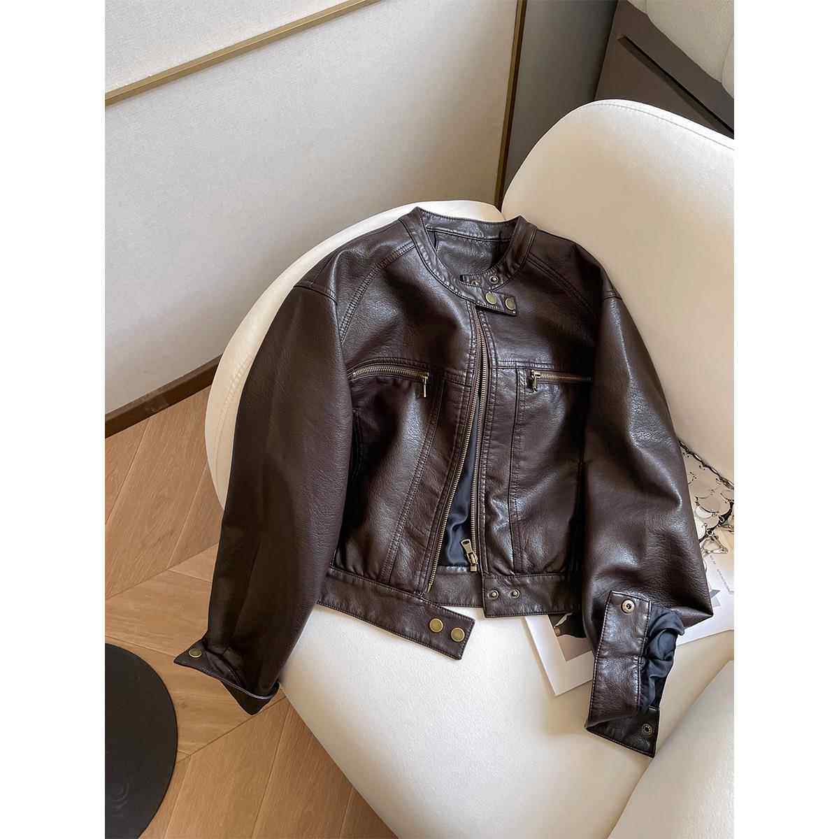 小C家 美拉德风棕色皮衣外套女2025新款秋季小个子立领短款皮夹克