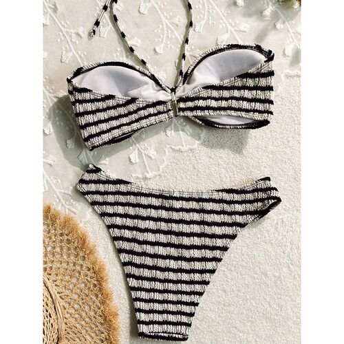 Striped printed halter neck split bikini条纹印花挂脖分体泳衣