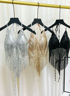 Sequined fringe backless camisole top女亮片流苏露背吊带上衣