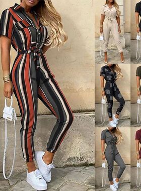 Printed collar buckle waistband jumpsuit印花翻领系扣连体裤女