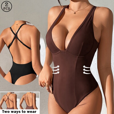 Solid color backless hip lifting jumpsuitV领露背提臀连体衣女