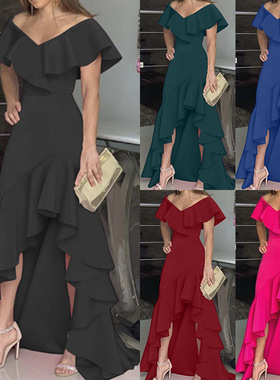 V-neck ruffled irregular slit skirtV领荷叶边不规则开叉连衣裙