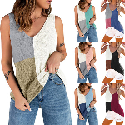 V-neck patchwork contrasting casual camisole拼接撞色吊带衫女