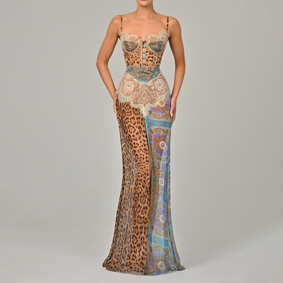 Low neck printed slit strapless dress低领印花开叉抹胸连衣裙