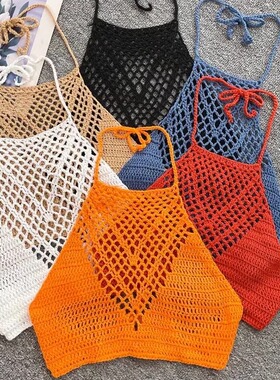 Solid color hanging neck hollow top 纯色挂脖系带露背镂空上衣