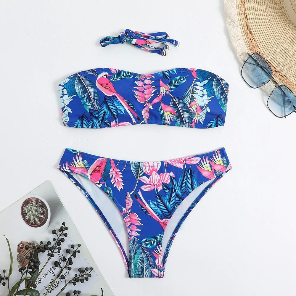 Printed lace up strapless split bikini印花系带抹胸分体比基尼