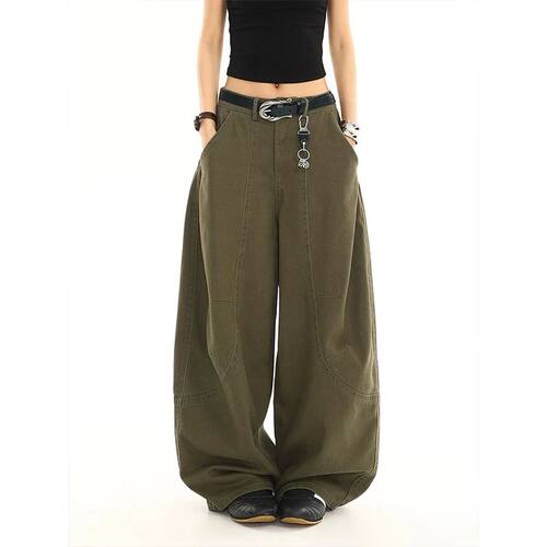 纯色拼接垂感弯刀长裤女Solid color spliced curved knife pants