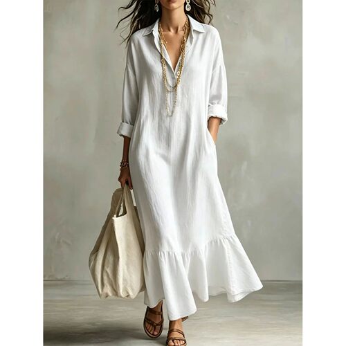 V领鱼尾衬衫女纯色连衣裙 V-neck fishtail shirt women's dress