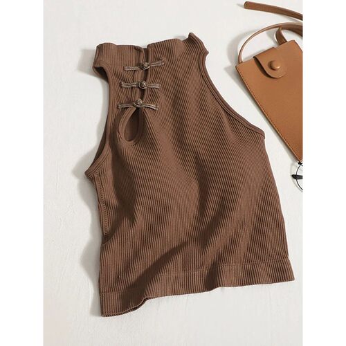 Solid color button up sleeveless top 纯色系扣露脐无袖上衣女