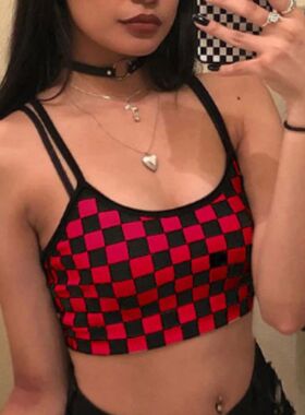 Square printed round neck short sling 方格印花圆领短款吊带女