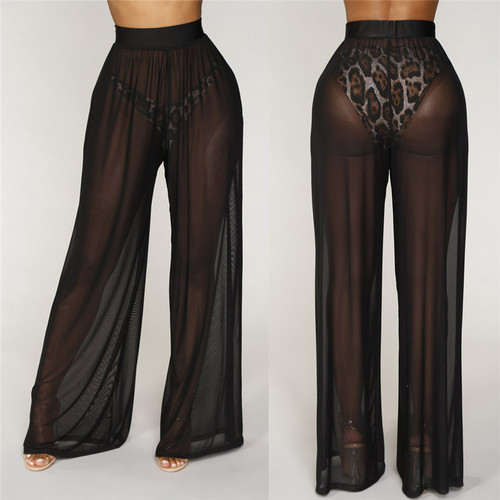 Solid Color Mesh Sheer Wide Leg Pants纯色网纱休闲透视阔腿裤