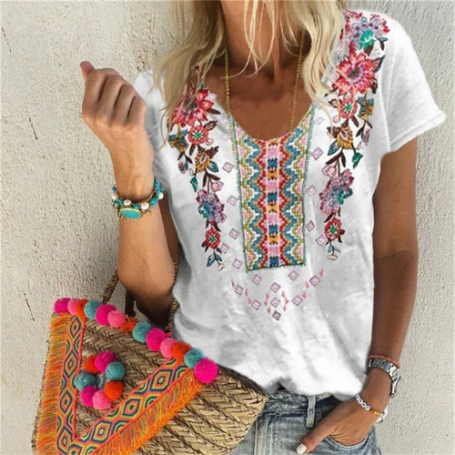 Printed V-Neck Casual Loose Ladies T-Shirt印花V领休闲宽松T恤