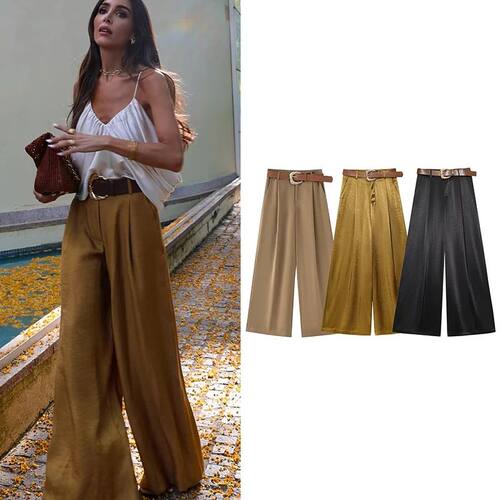 纯色高腰褶皱阔腿裤High waisted pleated slimming casual pants