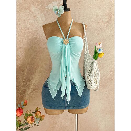 欧美风挂脖网纱拼接抹胸上衣