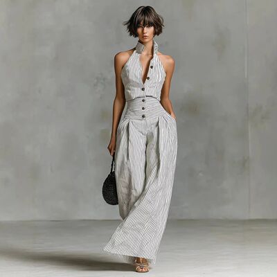 立领条纹无袖连体裤Stand up striped sleeveless shirt jumpsuit