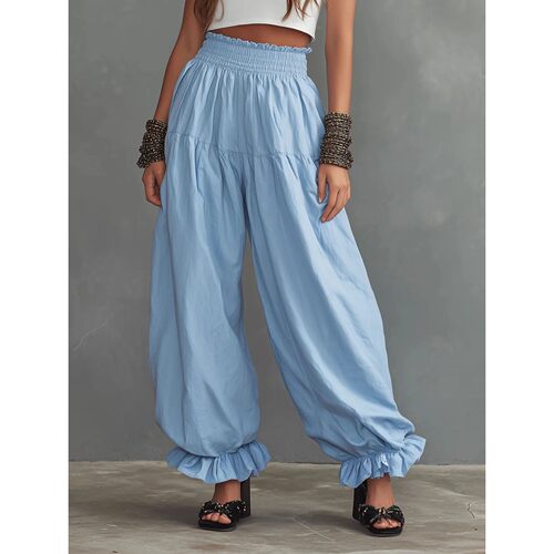 纯色褶皱束脚阔腿裤子Solid color pleated ankle wide leg pants