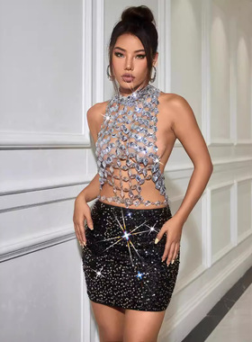 Metal chain backless neck hanging vest金属链露背挂脖短款背心