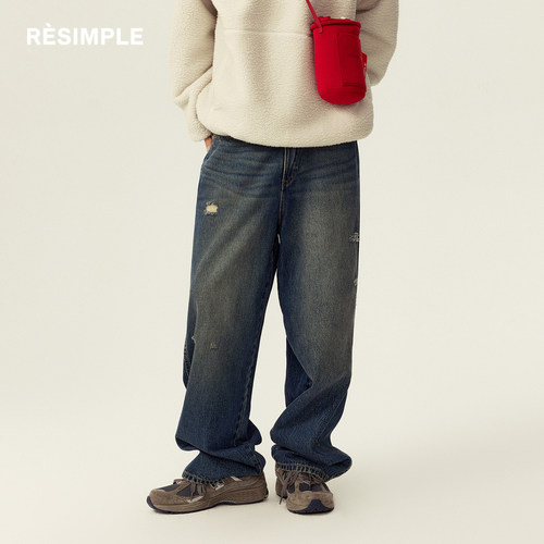 RESIMPLE破洞牛仔裤阔腿宽松男士裤子慵懒松弛感张哲华同款1155