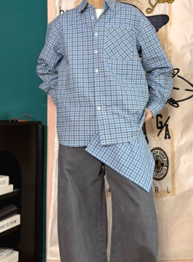 ZCBEAR美式复古蓝色格子衬衫男宽松翻领长袖休闲百搭衬衣外套潮牌
