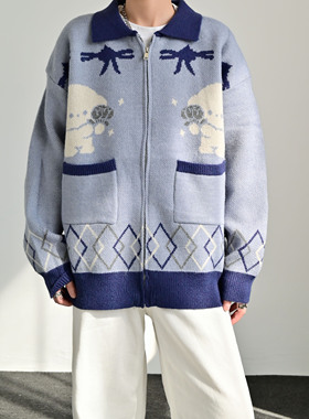 ZCBEAR美式复古小狗提花毛衣外套男女秋冬拉链针织开衫情侣装上衣