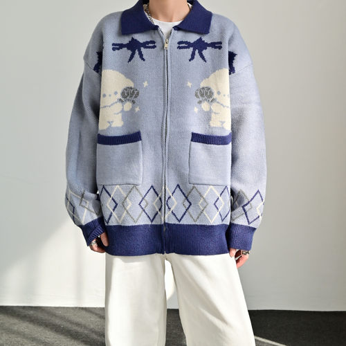 美式复古小狗提花毛衣外套