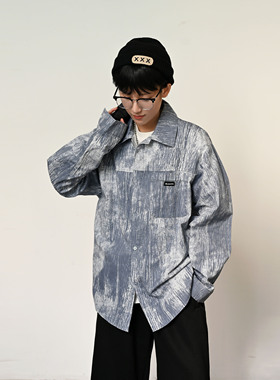 ZC美式潮牌高街印花蓝色长袖衬衫男春季痞帅休闲小众宽松衬衣外套