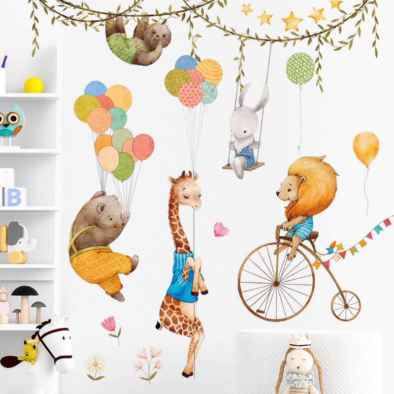 儿童房装饰画长颈鹿动物卡通贴画狮子骑自行车贴纸儿童房装饰墙贴