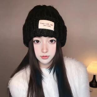 字母布标毛线帽女秋冬防寒保暖ins风简约纯色大头围帽子时尚百搭