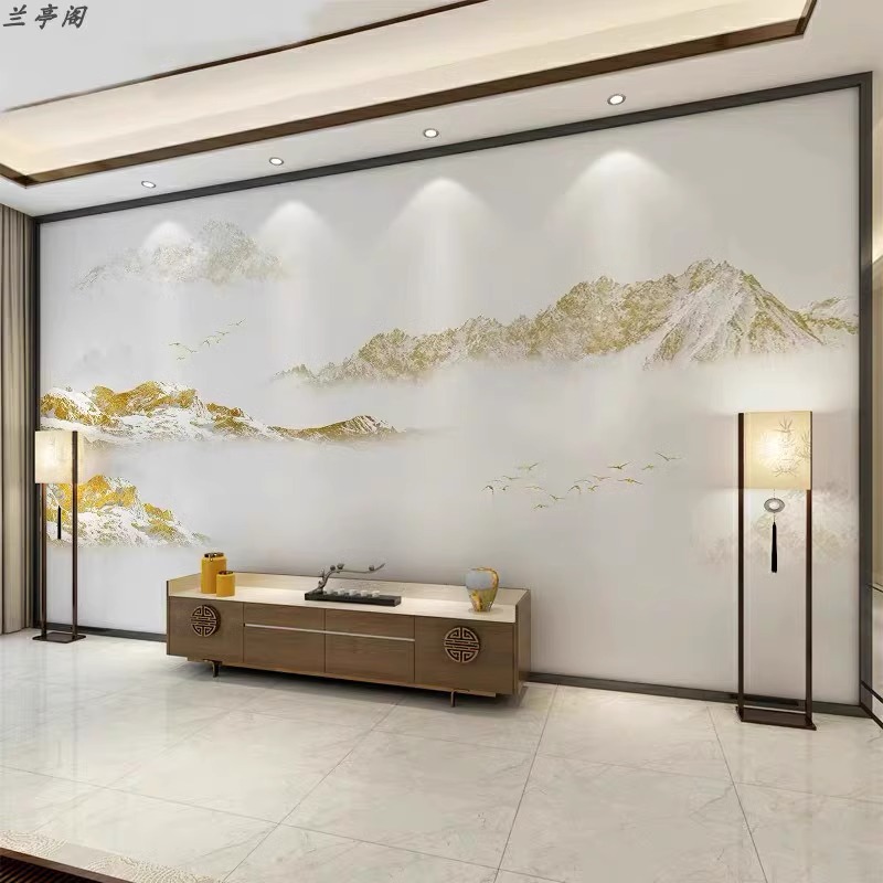 新中式禅意山水画壁纸中式水墨金色壁画电视背景墙纸卧室茶室壁布