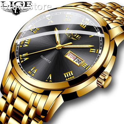 relogio masculino LIGE Gold Men Watch Waterproof Stainless