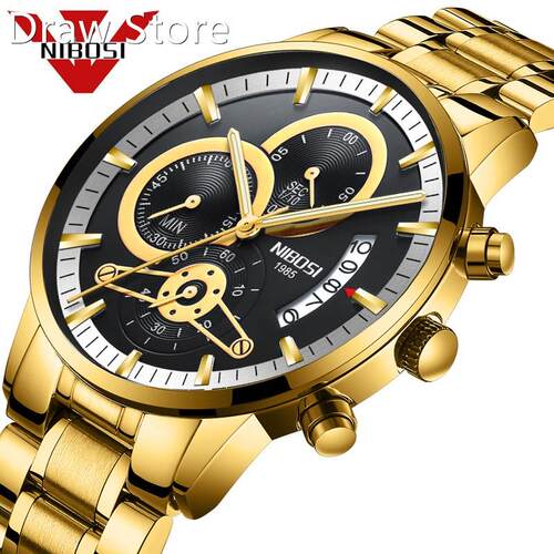 NIBOSI Quartz Watch Men Gold Black Mens Watches Top Brand L