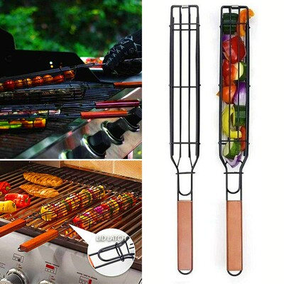 Portable Reusable Kabob Grill Baskets Mesh Wooden Handle BBQ
