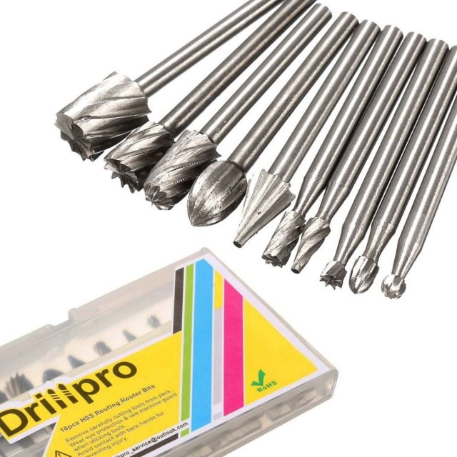 Drillpro 10pcs 3.175mm HSS Routing Router Bits Burr Milling