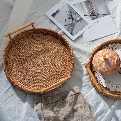 Rattan Decorative Tray Snack Trays Round Tray Fruit Plate Ha