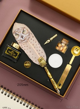 Retro Calligraphy Quill Owl Feather Dip Pen with Nib Wax Sea
