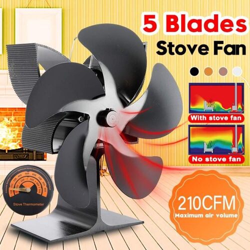 5 Blade 3000RPM Black Fireplace Fan Heat Powered Stove Fan L