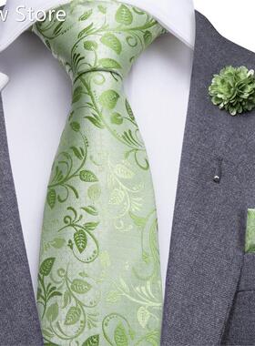 Hi-Tie Men Silk Tie Grass Green Ties Floral Necktie Boutonni