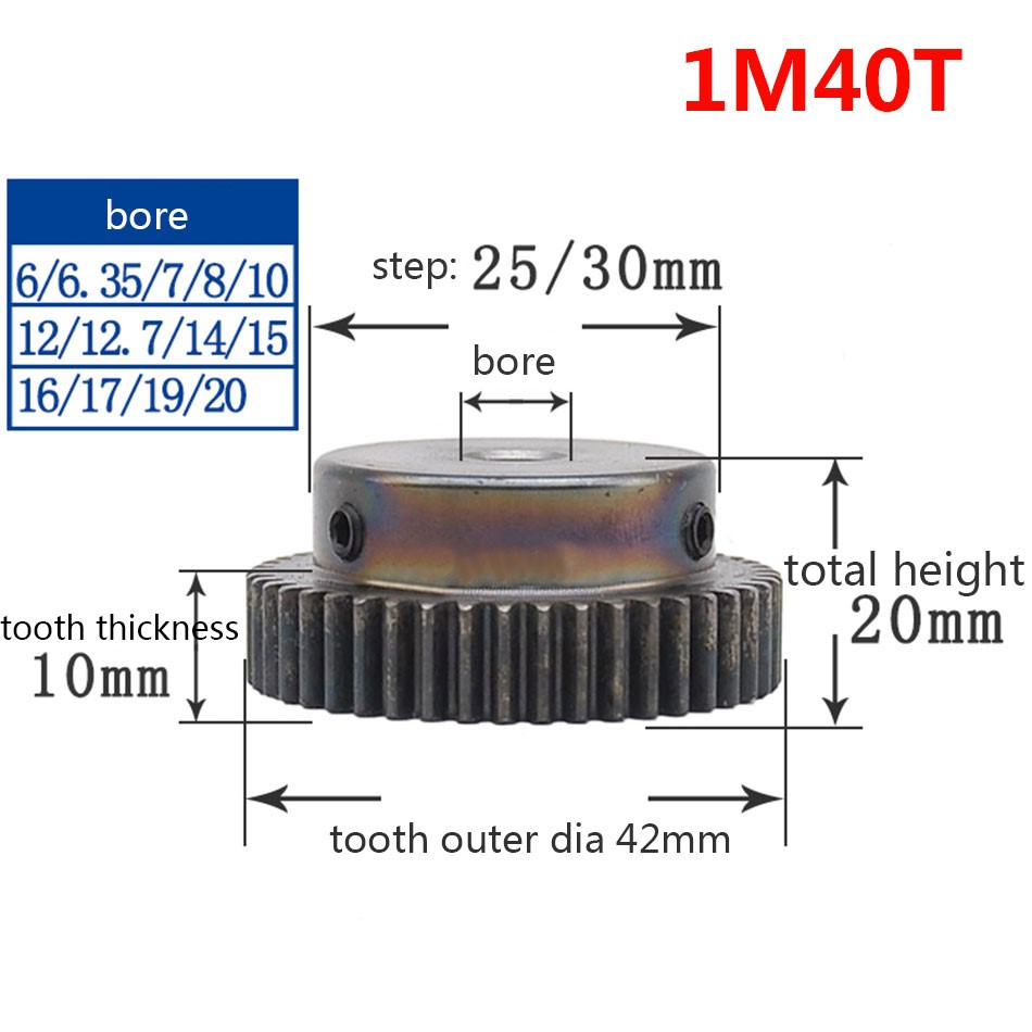 1/2/5/10/20PCS 1M 40T Spur Gear Pinion Bore 8mm Step 25mm To