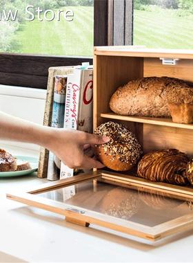 Bamboo BreadBox with Clear Front Window Bread Holder 适用于