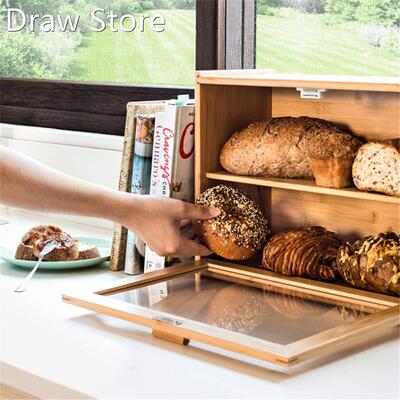 Bamboo BreadBox with Clear Front Window Bread Holder 适用于