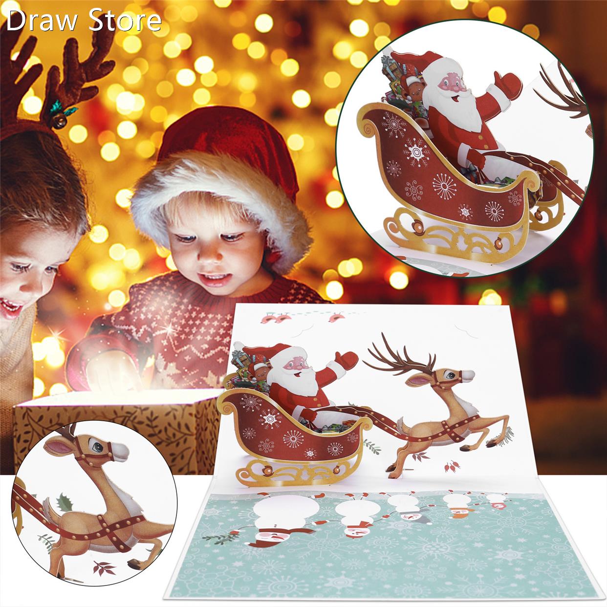3D Deer cart Christmas Three-dimensional Greeting Card Holid
