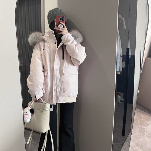 粉色工装大毛领加厚韩系派克服女