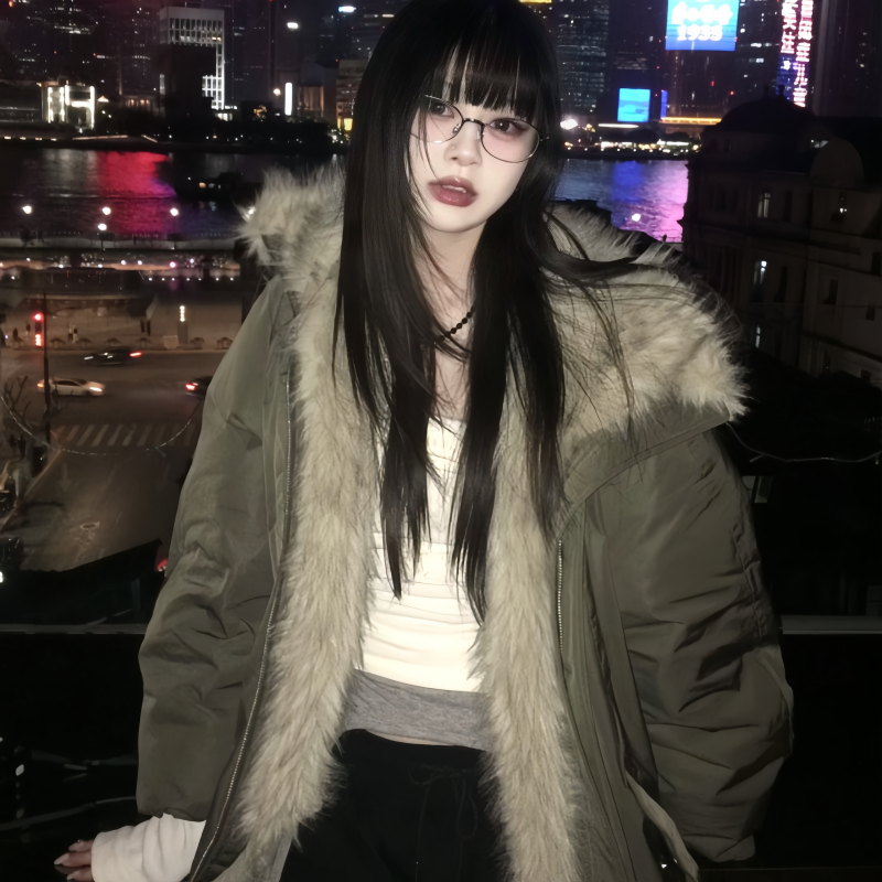毛绒拼接巴恩风花苞加厚派克棉服