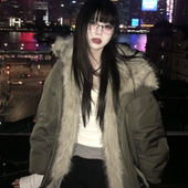 毛绒拼接巴恩风花苞派克棉服女美式 2025冬季 新款 复古加厚棉衣外套