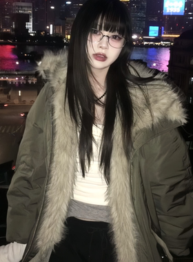 2025冬季新款毛绒拼接巴恩风花苞派克棉服女美式复古加厚棉衣外套